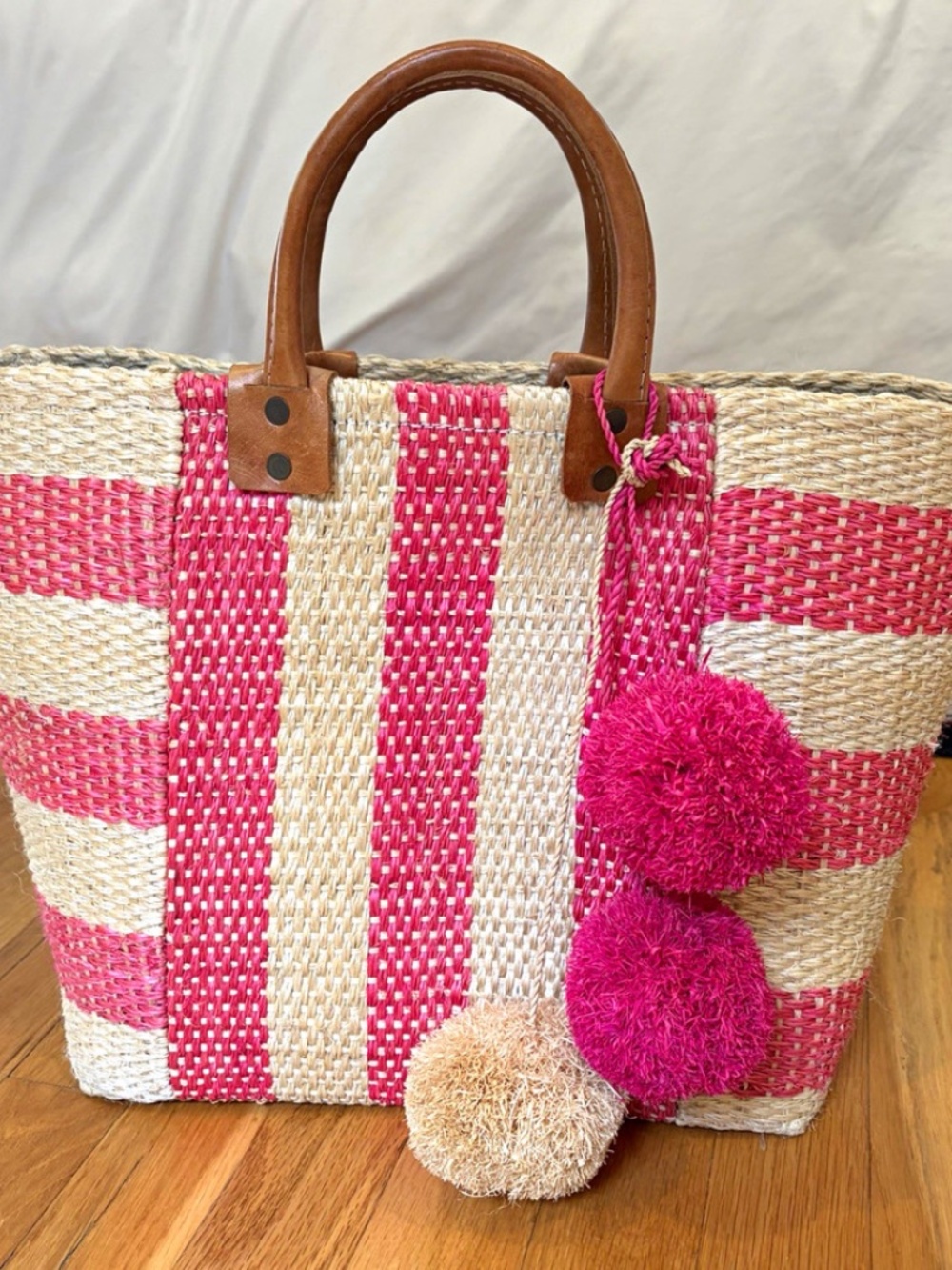 Mar Y Sol Pink/Natural Striped Tote with Leather Double Handles Pom Pom Charm